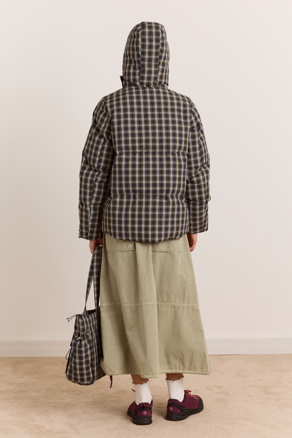 Pearl Hooded Puffer - Navy & Green Check