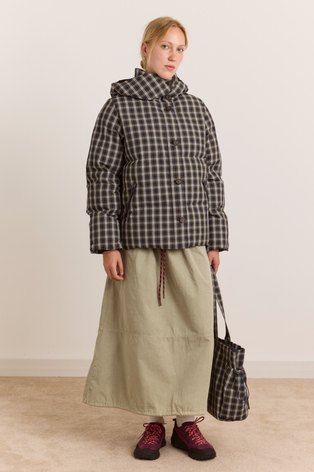 Pearl Hooded Puffer - Navy & Green Check