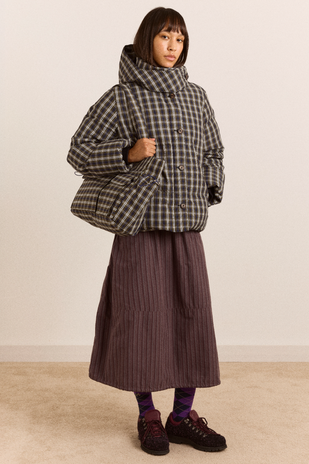 Pearl Hooded Puffer - Navy & Green Check