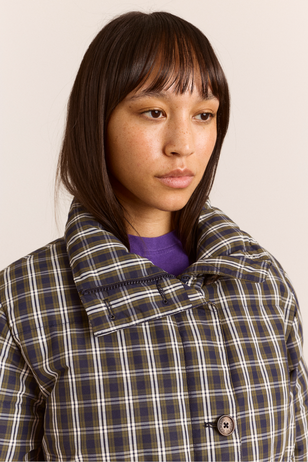 Pearl Hooded Puffer - Navy & Green Check