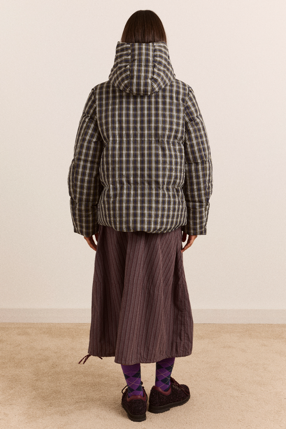 Pearl Hooded Puffer - Navy & Green Check