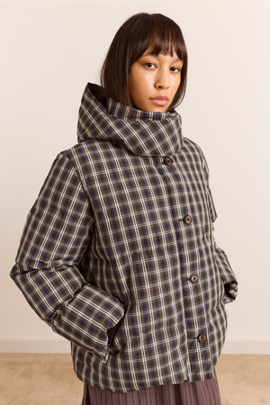 Pearl Hooded Puffer - Navy & Green Check