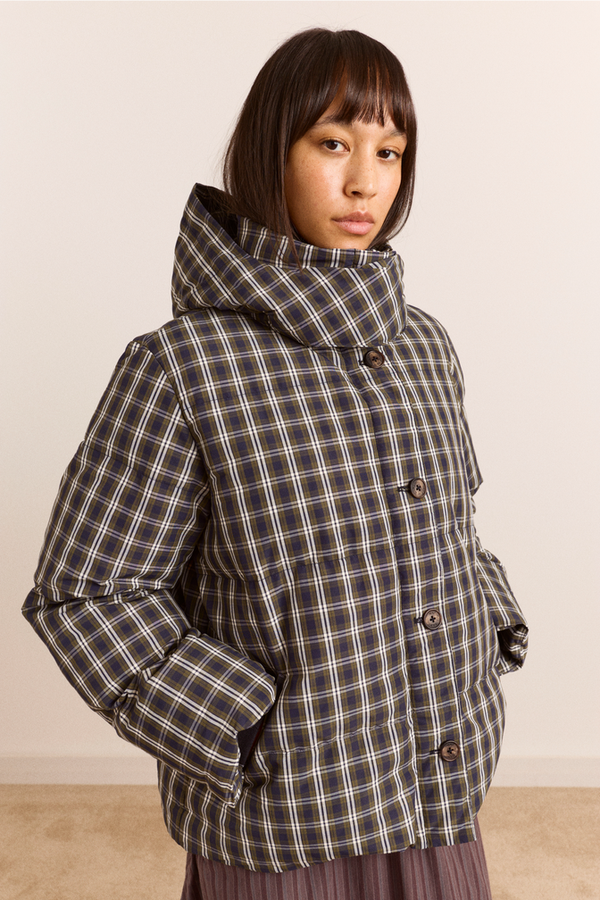 Pearl Hooded Puffer - Navy & Green Check