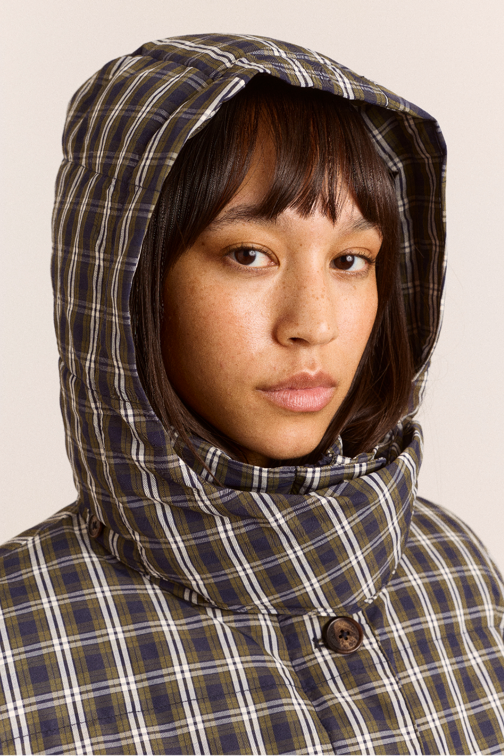 Pearl Hooded Puffer - Navy & Green Check