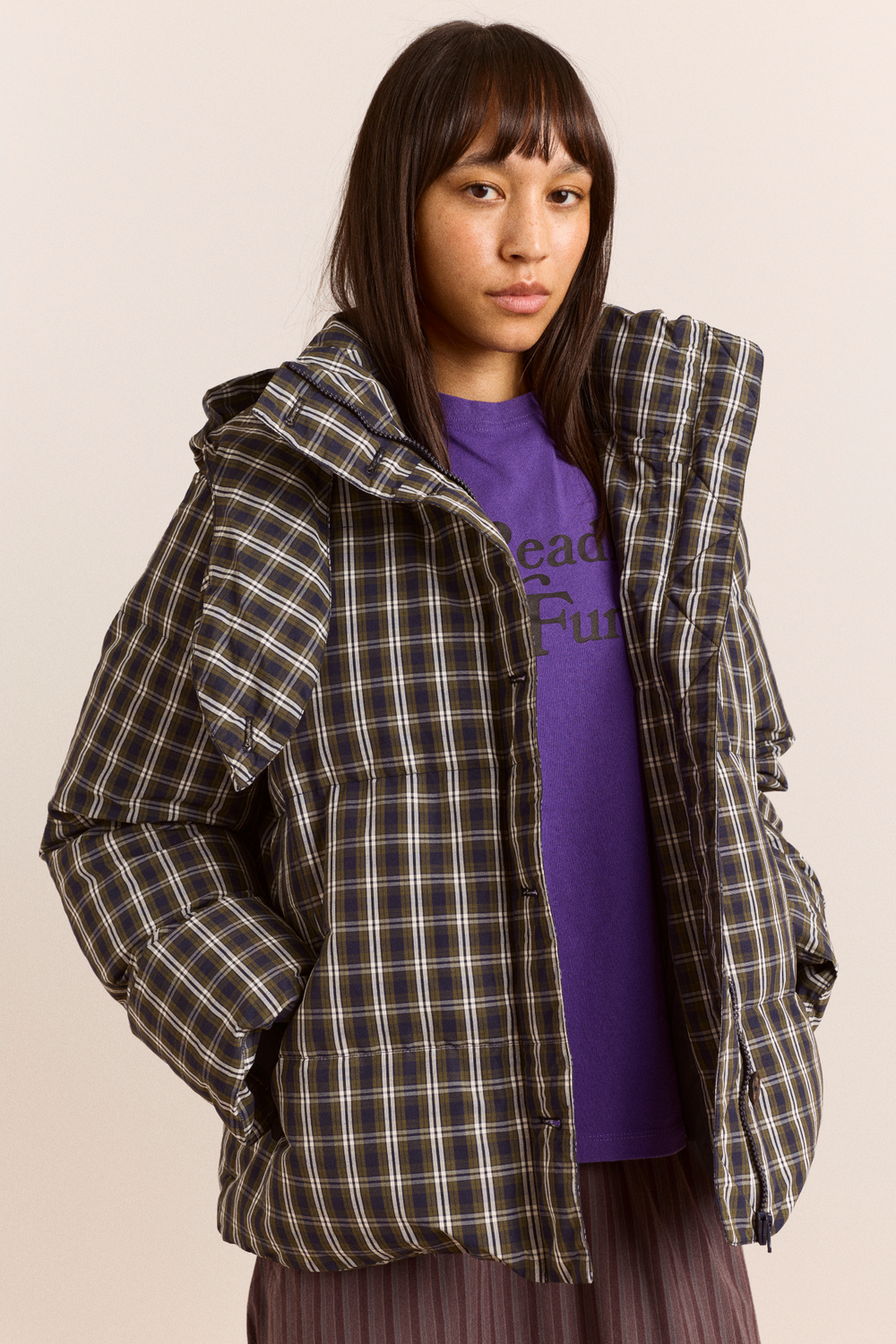 Pearl Hooded Puffer - Navy & Green Check