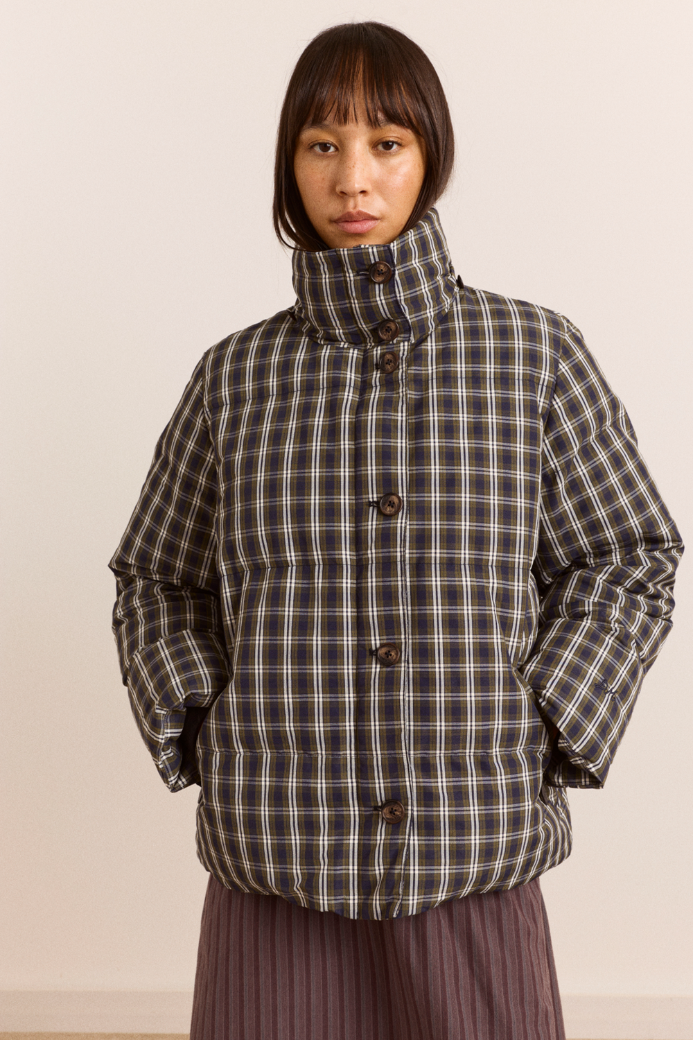 Pearl Hooded Puffer - Navy & Green Check