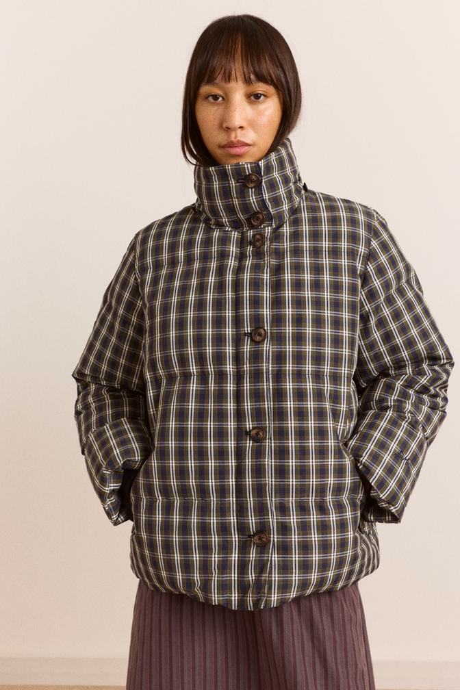 Pearl Hooded Puffer - Navy & Green Check
