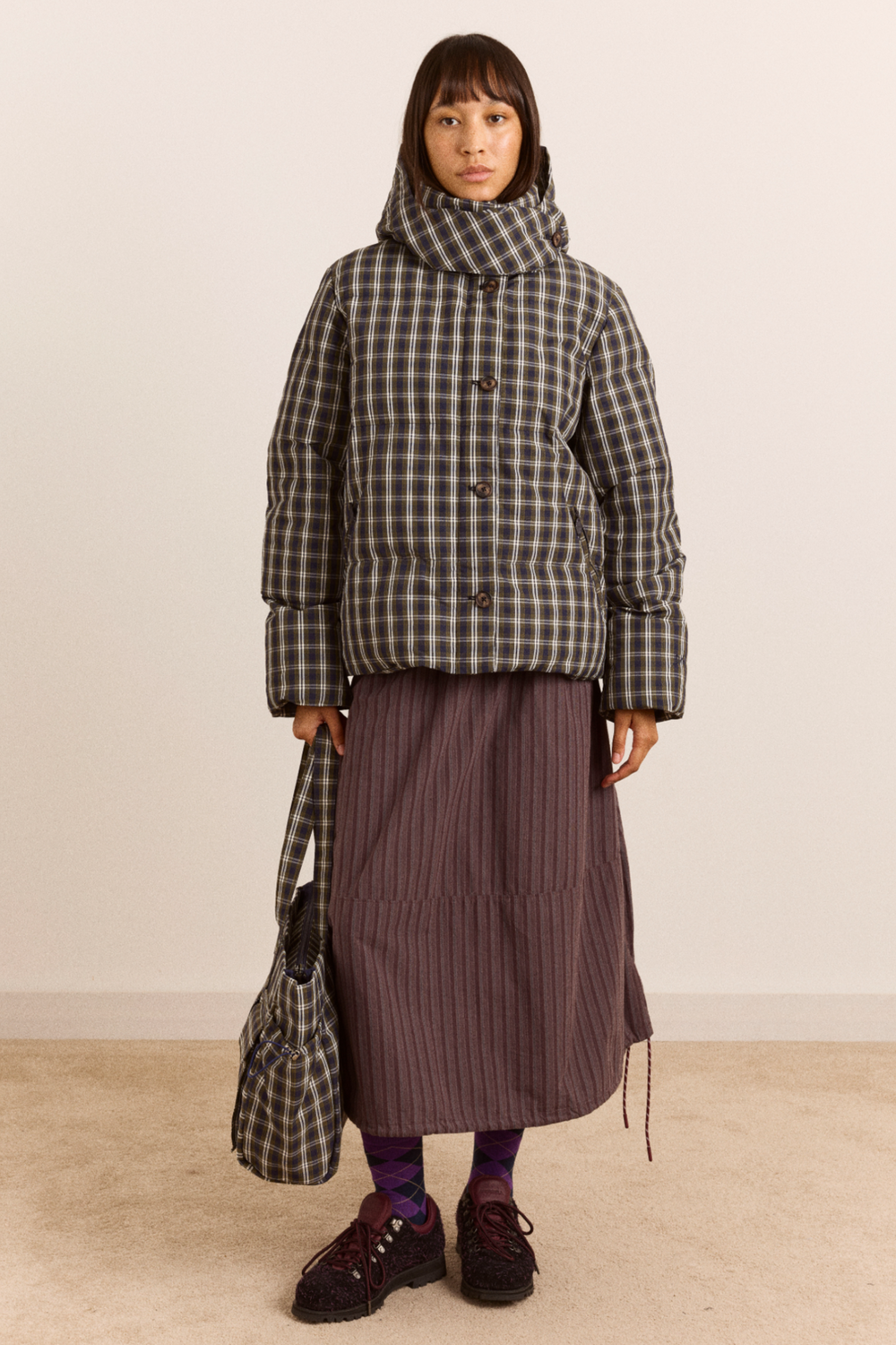 Pearl Hooded Puffer - Navy & Green Check