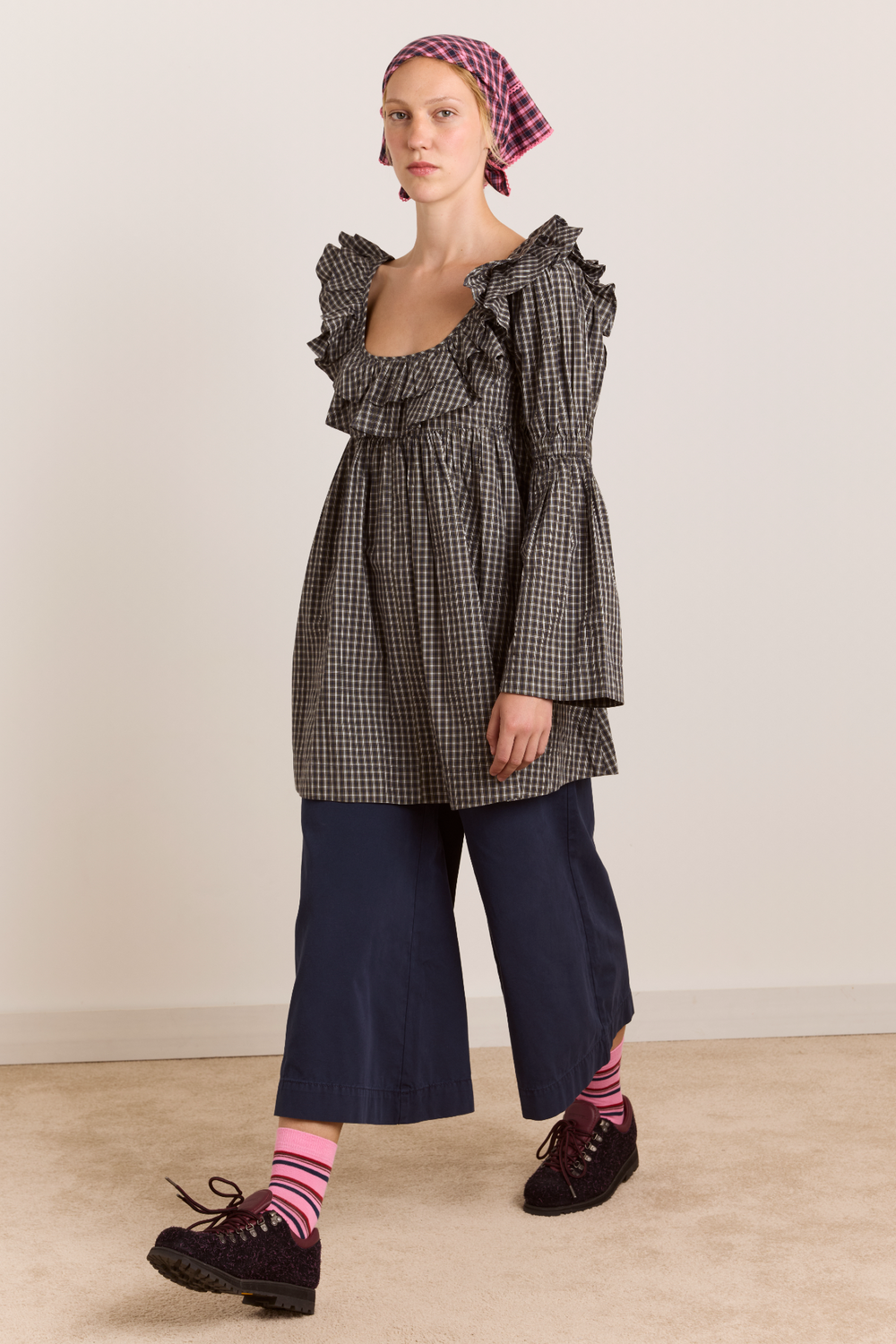Pheonix Ruffle Mini Dress - Navy Green Check