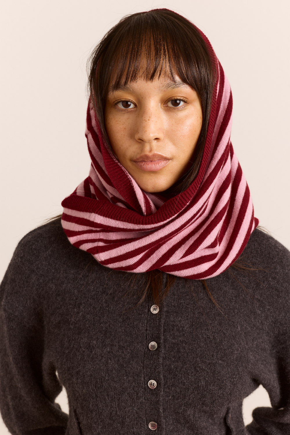 Merino Wool Snood Scarf - Pink/Red Stripe
