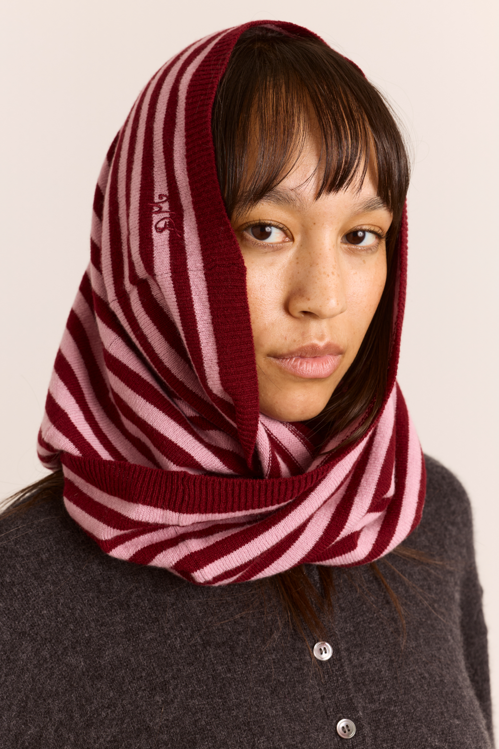 Merino Wool Snood Scarf - Pink/Red Stripe