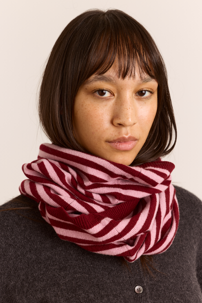 Merino Wool Snood Scarf - Pink/Red Stripe
