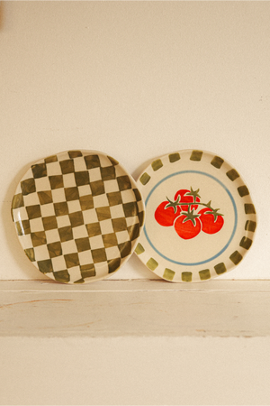 Hand Painted Small Side Plate Set Of 2 Tomato/Check