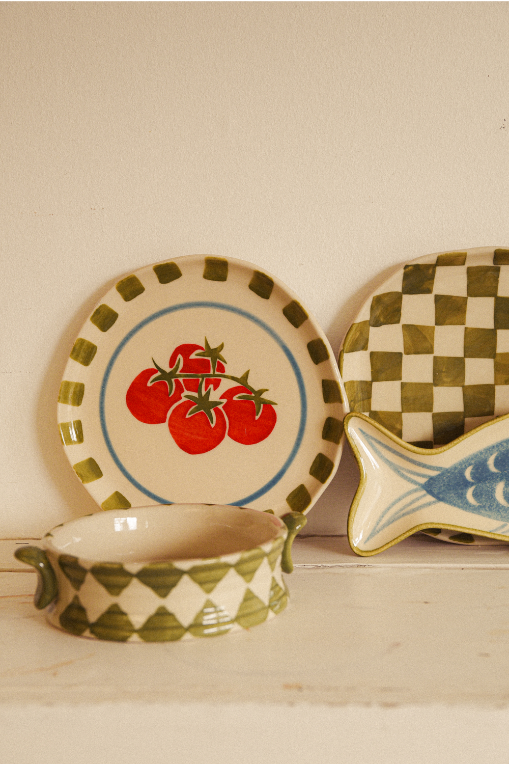 hand painted small side plate set of 2 tomato/check