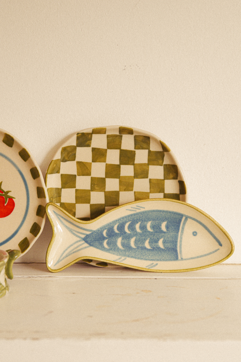 hand painted small side plate set of 2 tomato/check
