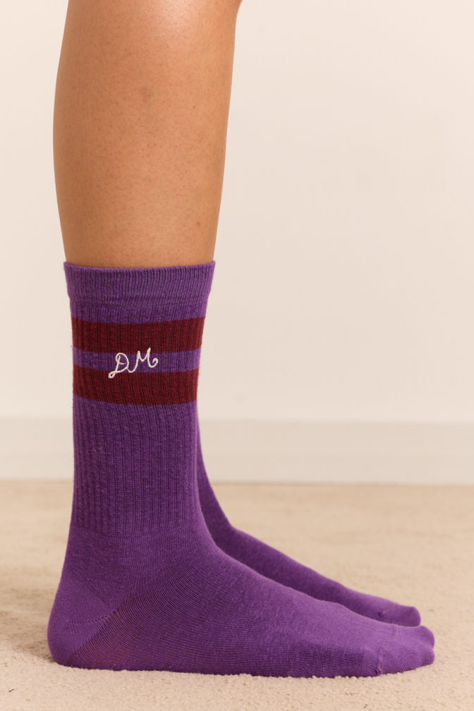 Calf Length Sporty Socks - Purple With Plum Stripe