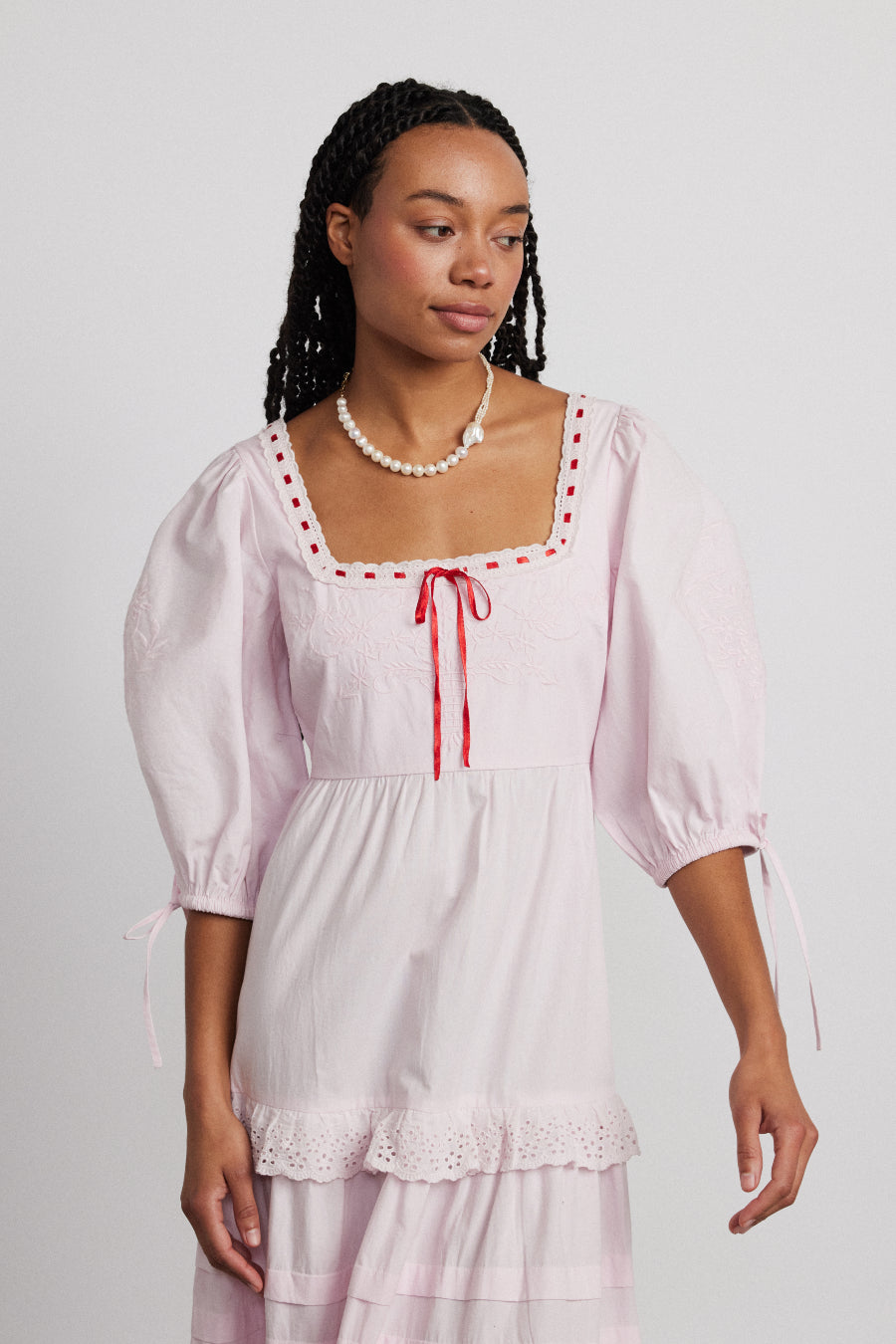 Rebecca Bow Back Dress - Pink Broderie Damson Madder Rebecca Bow Back Dress - Pink Broderie Damson Madder