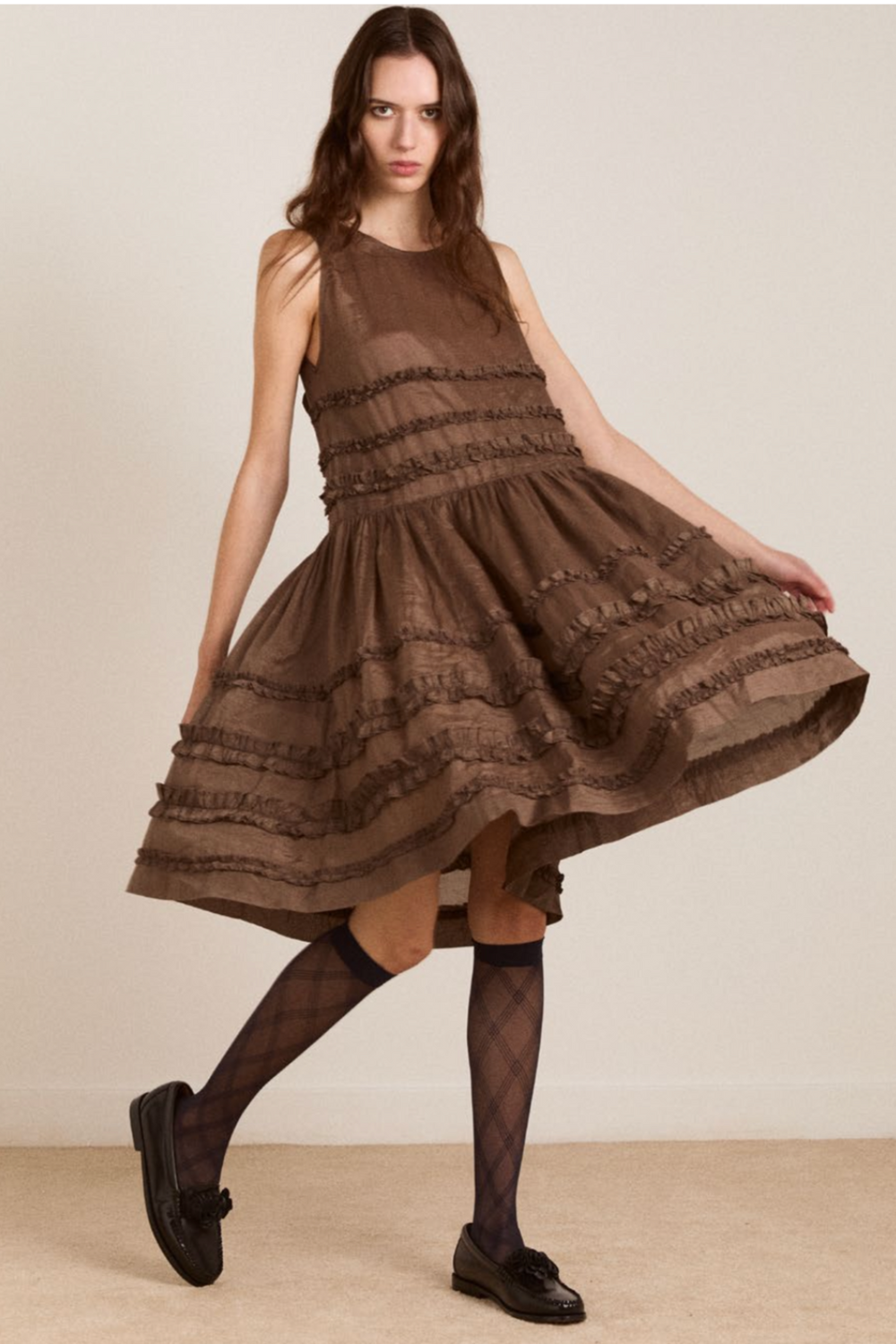 Damson Madder - Reed Ruffle Mini Dress - Sheer Choc