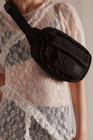 FRILL BUMBAG IN BLACK FLORAL STITCH