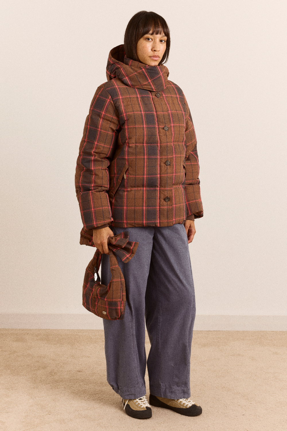 Pearl Hooded Puffer - Toffee Check