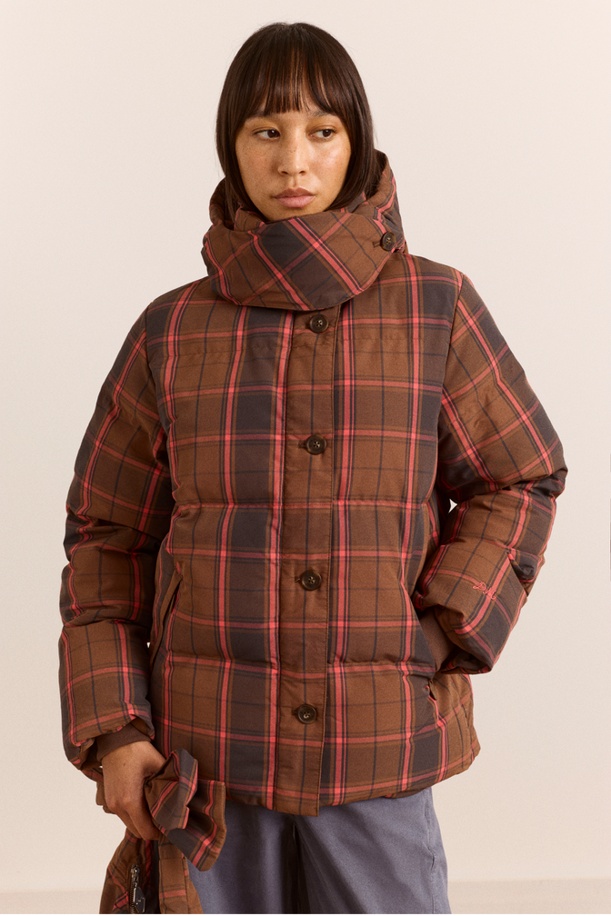 Pearl Hooded Puffer - Toffee Check