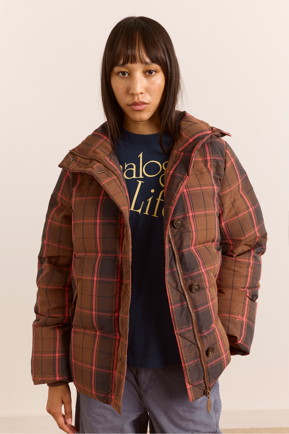 Pearl Hooded Puffer - Toffee Check