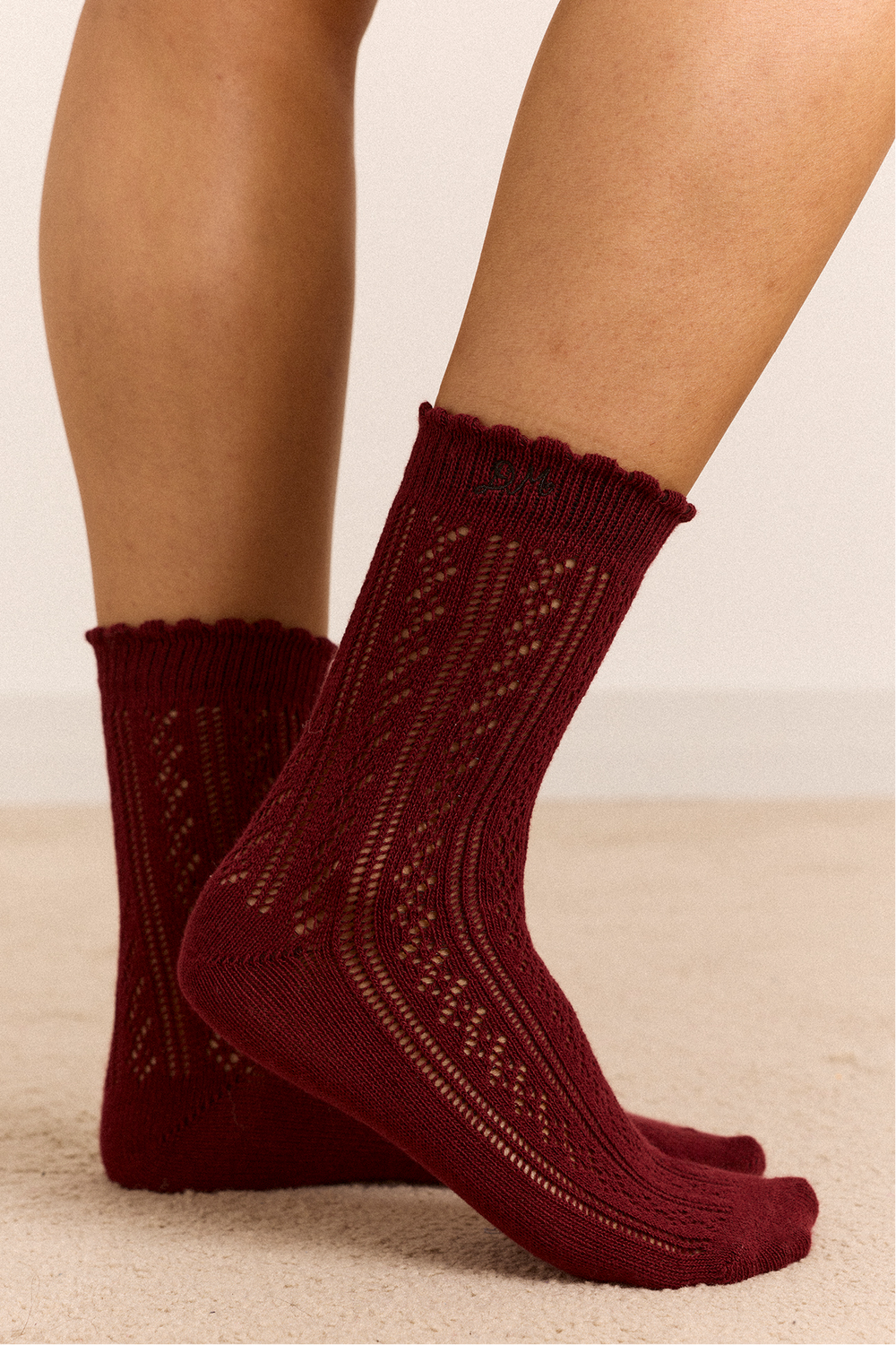 Calf Length 2 Pack Pointelle Socks- Burg/Black