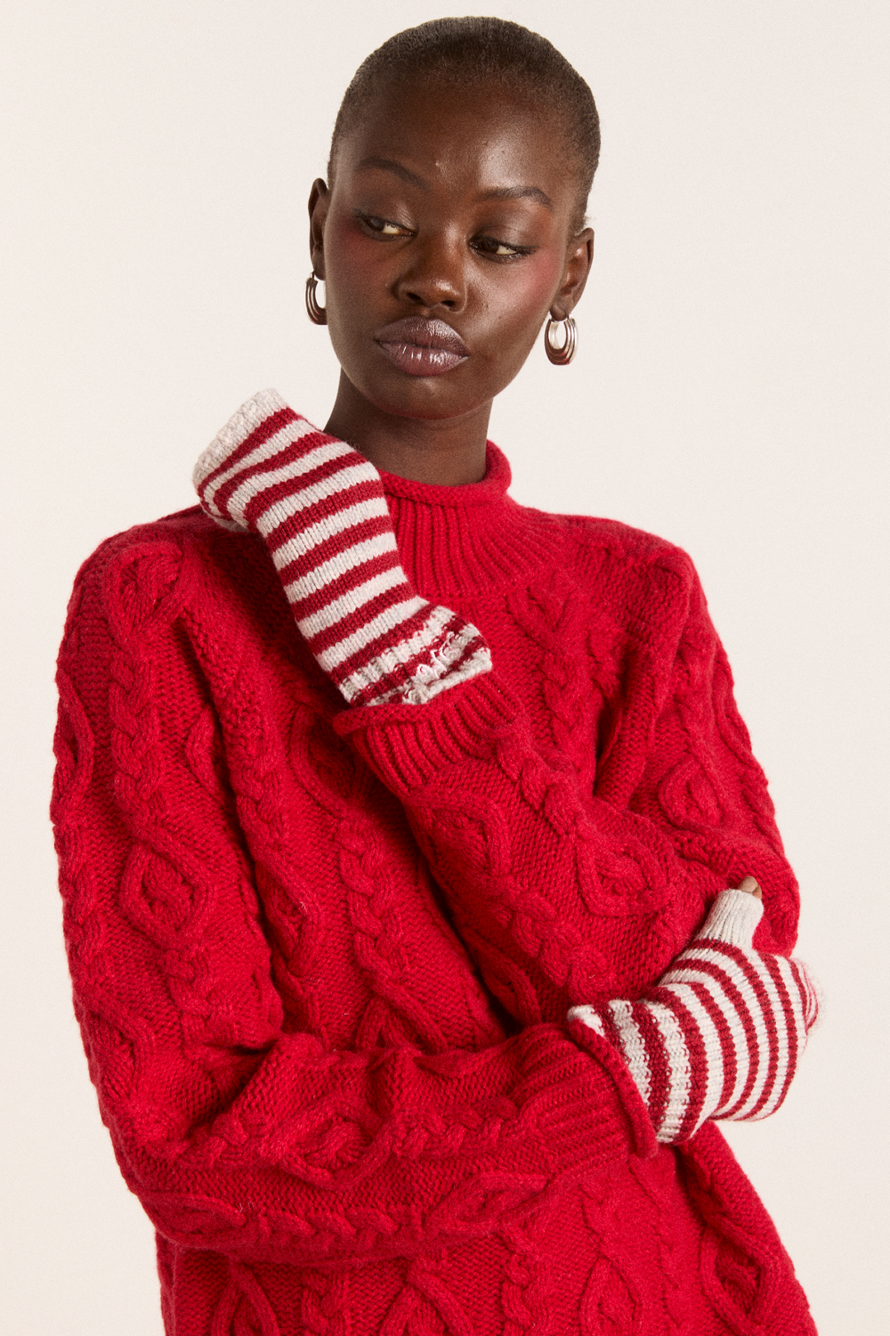 fingerless mittens - red / grey stripe