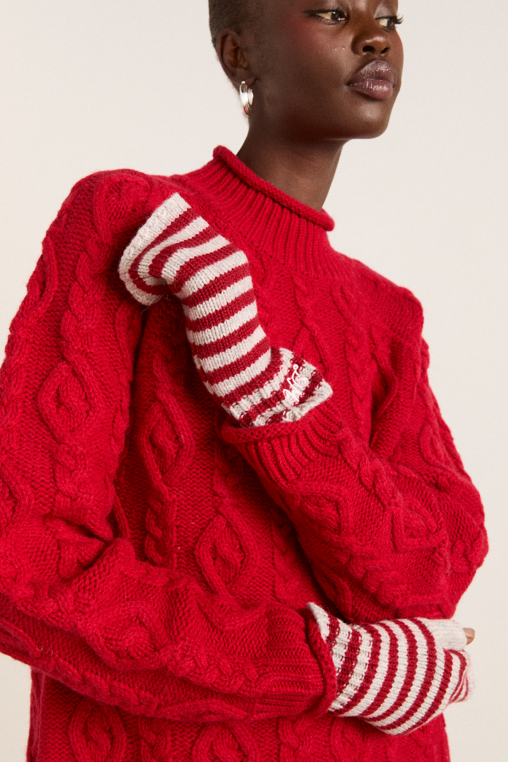 fingerless mittens - red / grey stripe