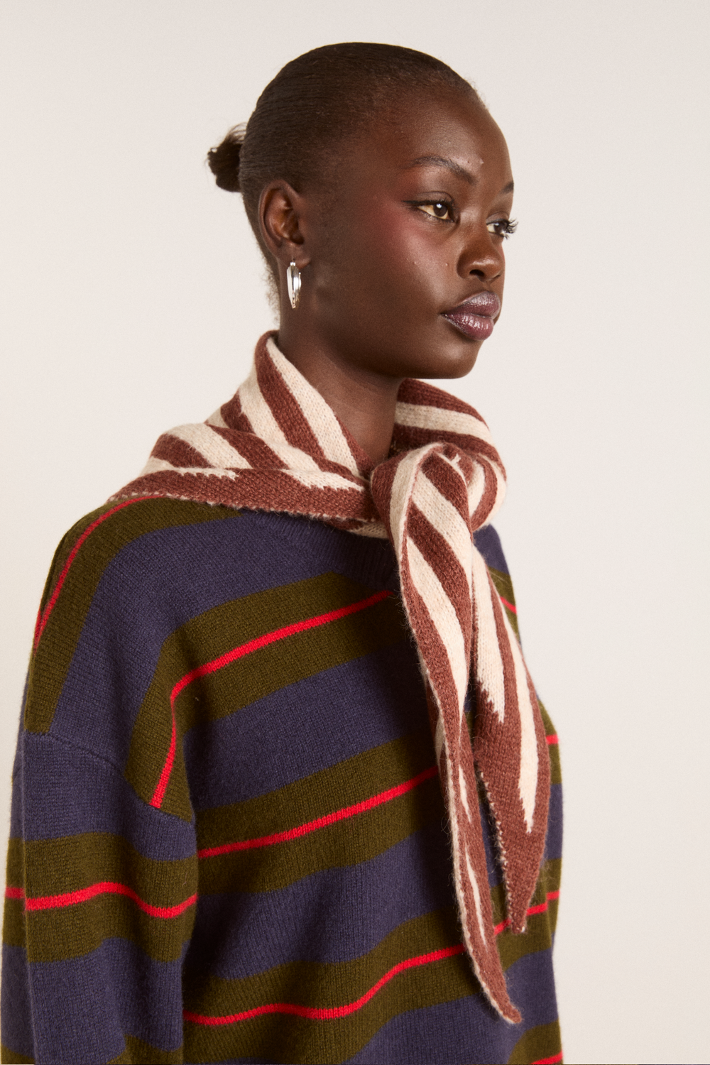 Knitted Stripe Triangle Scarf- Choc Ecru – Damson Madder