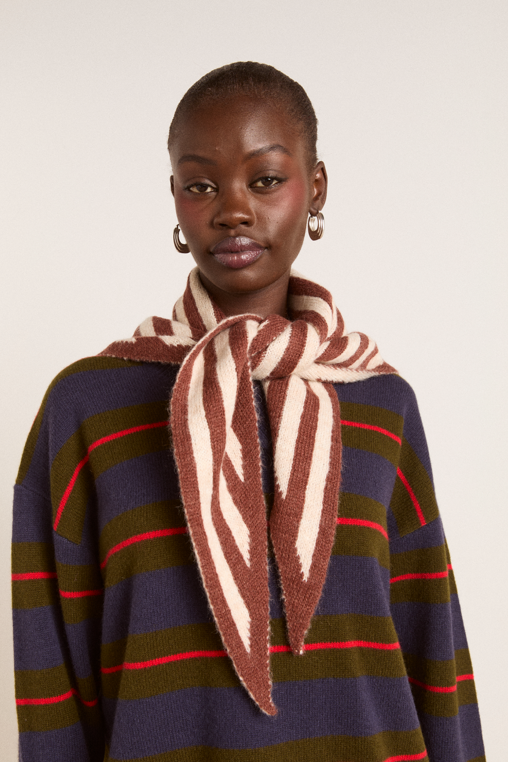 Knitted Stripe Triangle Scarf- Choc Ecru - Main Image