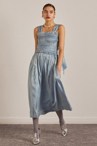 tish midi dress - blue glass satin