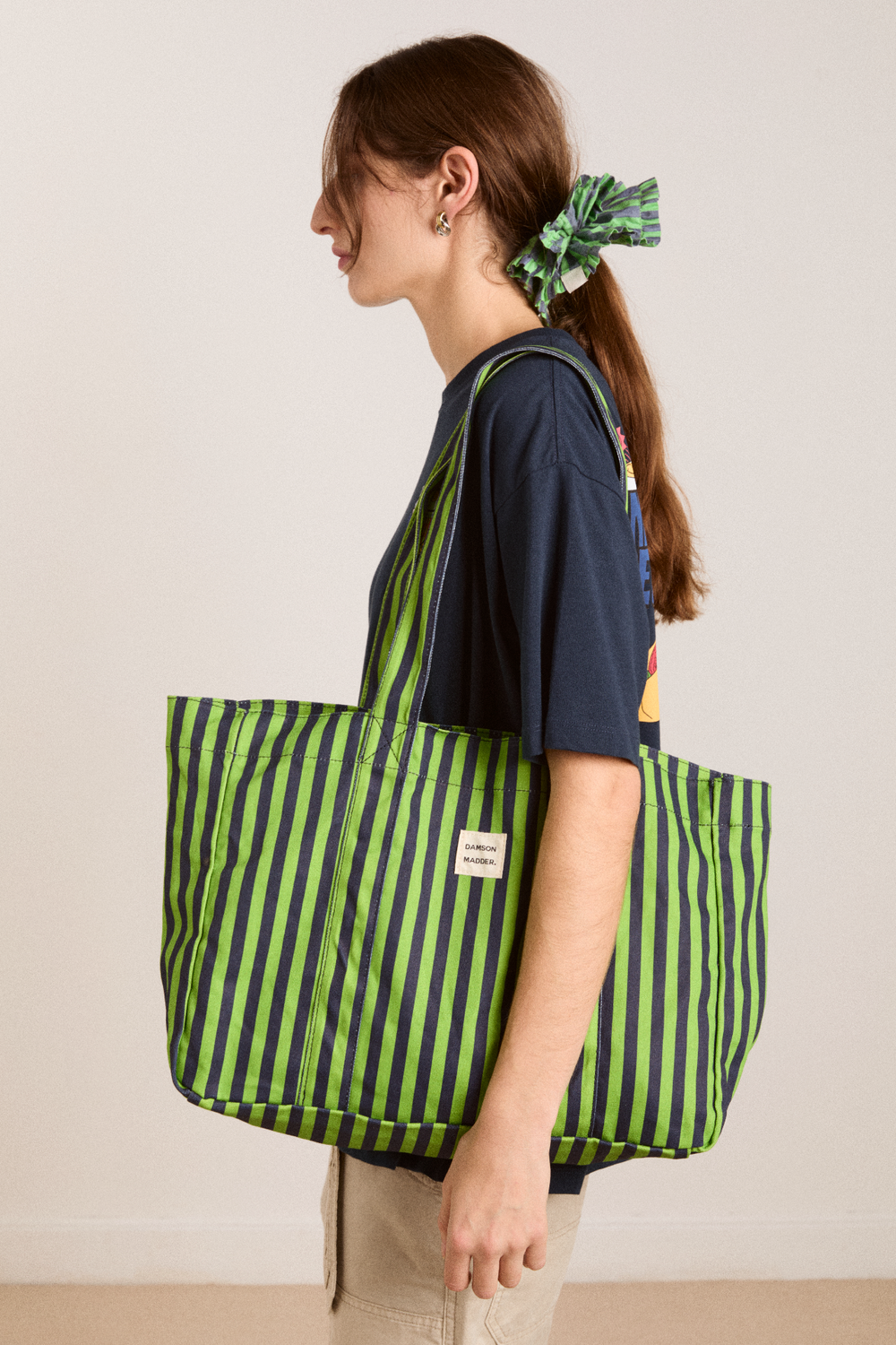 dm canvas tote - navy lime stripe