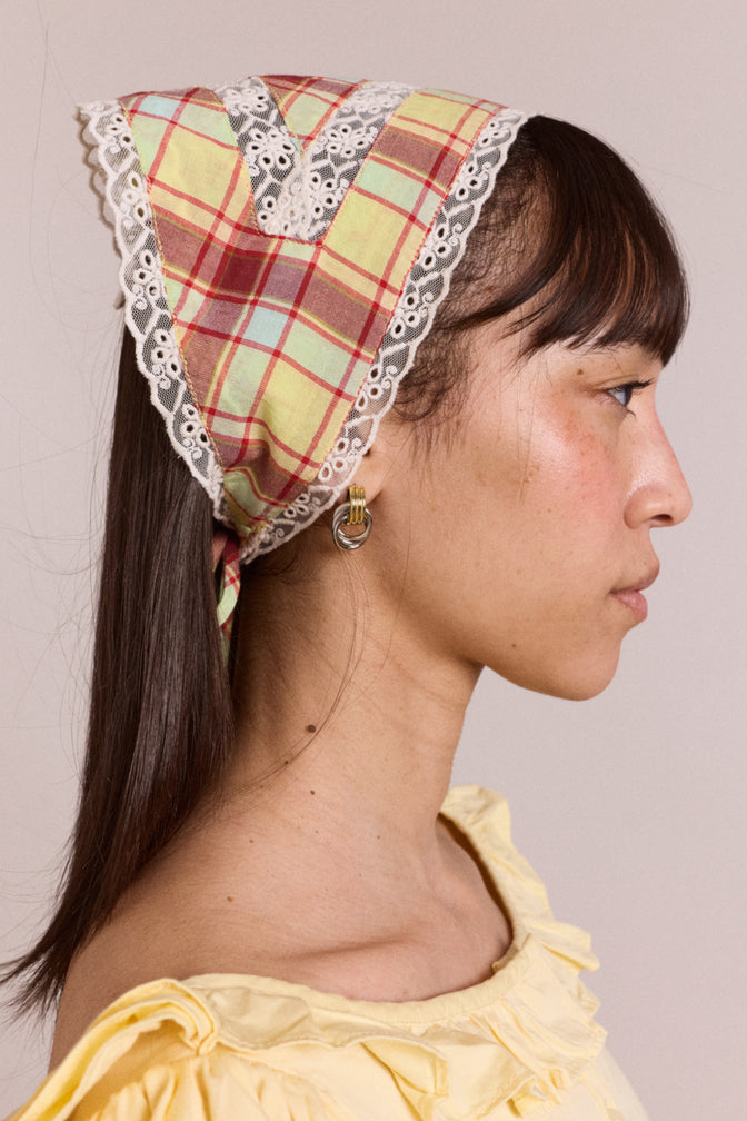 triangle headscarf with lace detail - celery check