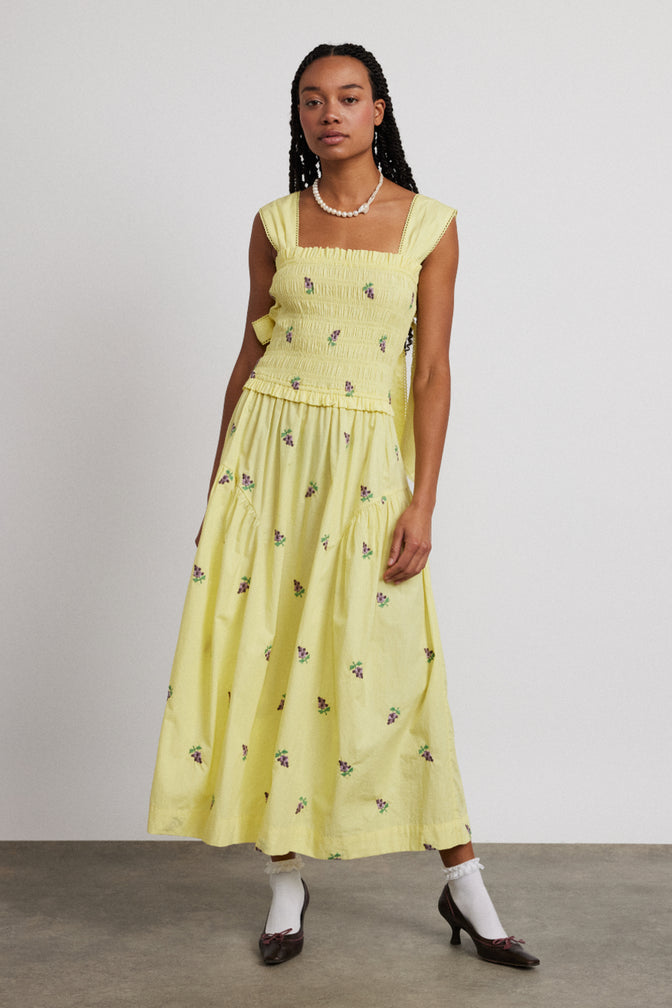 tish poplin midi dress - grape embroidery