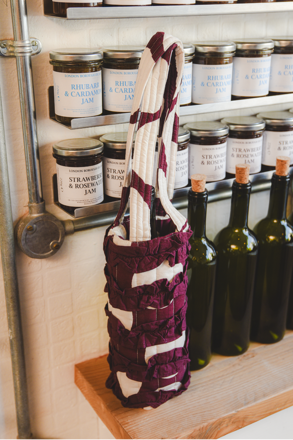 Burgundy Spot Ruffle Wine Bag