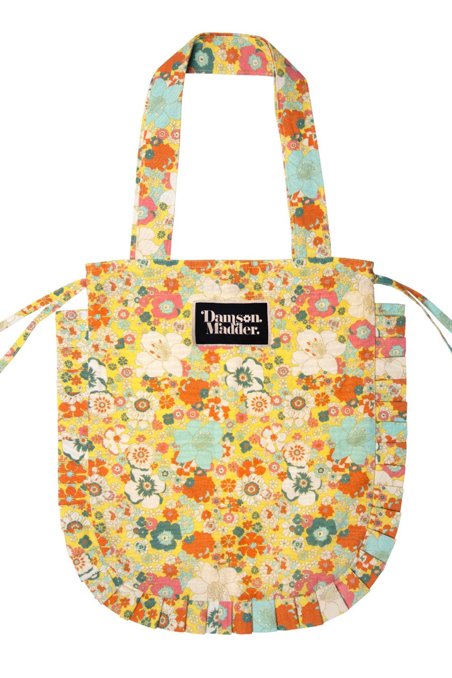 FRILL TOTE BAG IN YELLOW & BLUE FLORAL PRINT